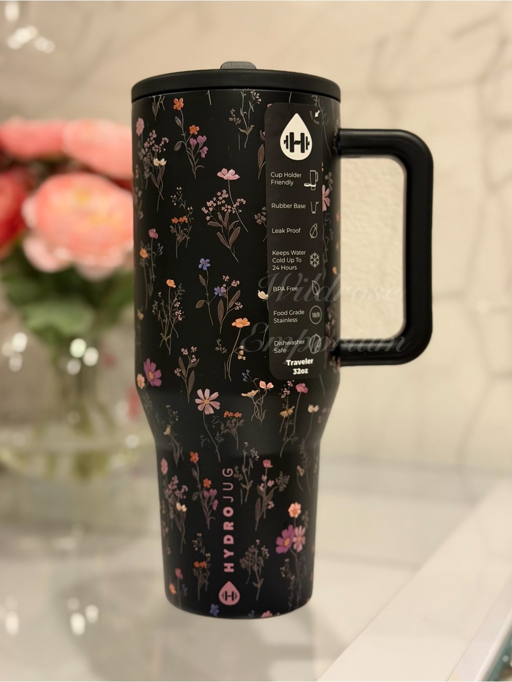 HydroJug 32OZ midnight floral black wildflower gardenTraveler  tumbler